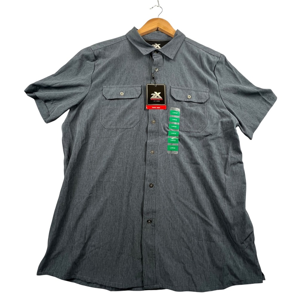 ZeroXposur Travel Shirt Mens Large Heather Navy Short Sleeve Button Up Stretch
